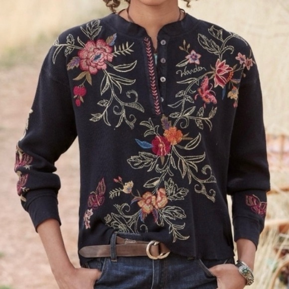 Johnny Was Taline M Floral Heavily Embroidered Thermal Black Cotton Henley Top - Picture 4 of 16